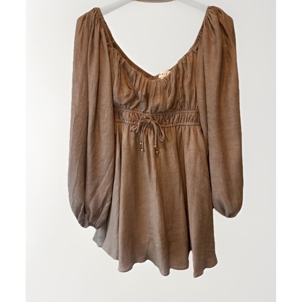 Mable Womens Beige Off Shoulder Puff Sleeve Romper Dress Sz M Boho Beach Peasant